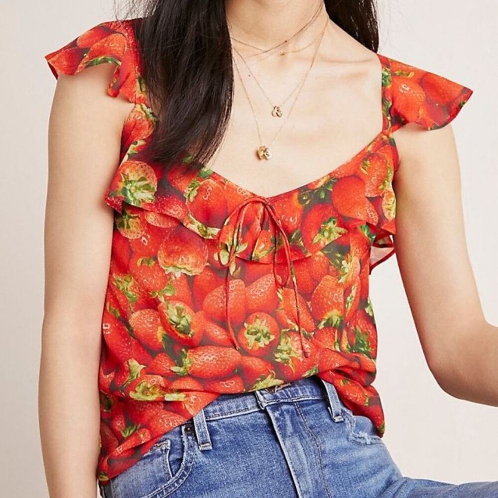 Anthropologie Strawberry Print Ruffle Tank Top Chiffon Lightweight Blouse Red 6